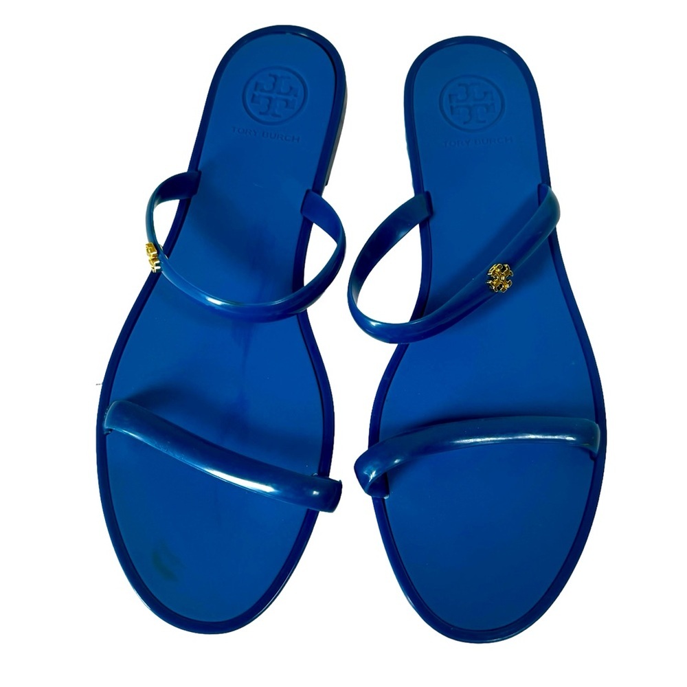 Tory Burch Logo Two Strap Jelly Sandals Slides Flats Rubber Beach Shoes Blue 7